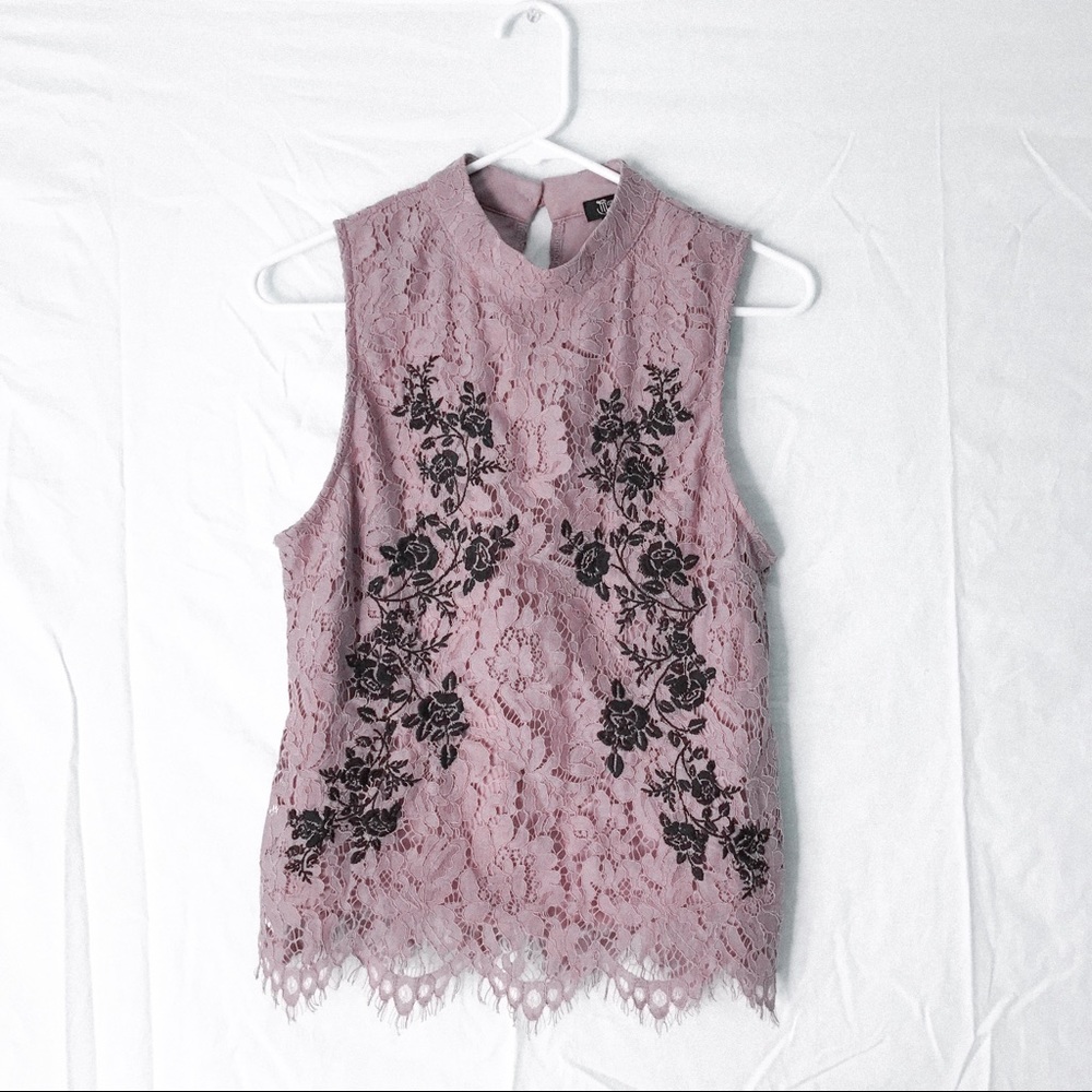 Light Grey / Purple Sleeveless High Neck Lace Top